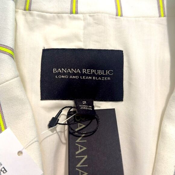 Banana Republic White Neon Yellow Vertical Pinstripe Long Lean Blazer Jacket NEW - Picture 13 of 16